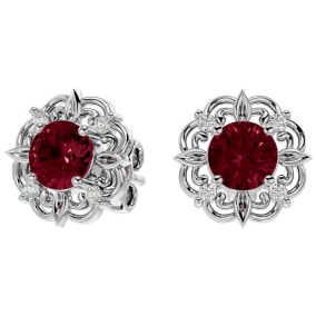 2 Carat Garnet and Diamond Antique Stud Earrings In Sterling Silver