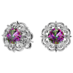 2 Carat Mystic Topaz and Diamond Antique Stud Earrings In Sterling Silver