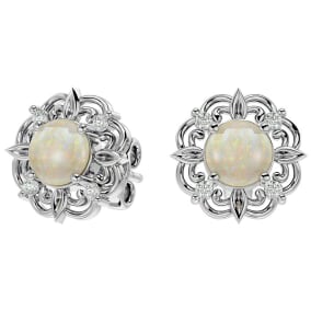 2 Carat Opal and Diamond Antique Stud Earrings In Sterling Silver