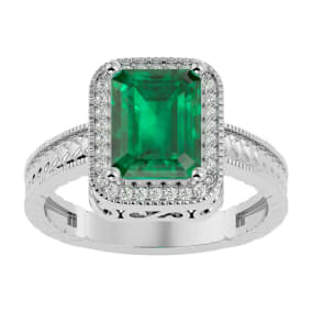 2 1/2 Carat Antique Style Emerald and Diamond Ring in 14 Karat White Gold