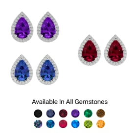 3 Carat Pear Shape Gemstone and Halo Diamond Earrings In Sterling Silver