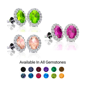2 1/4 Carat Oval Shape Gemstone and Halo Diamond Earrings In Sterling Silver