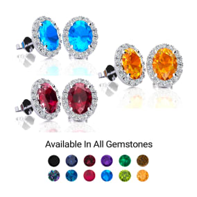  2 3/4 Carat Oval Shape Gemstone and Halo Diamond Earrings In Sterling Silver