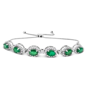 4 Carat Emerald and Diamond Bolo Bracelet In 14 Karat White Gold, Adjustable 6-9 Inches