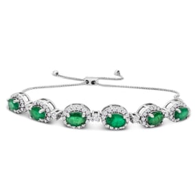 4 Carat Emerald Bracelet With Diamonds In 14 Karat White Gold, Adjustable 6-9 Inches