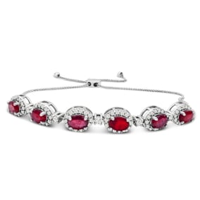 4 Carat Ruby and Diamond Bolo Bracelet In 14 Karat White Gold, Adjustable 6-9 Inches