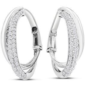 1 1/2 Carat Natural Diamond Hoop Earrings In 14 Karat White Gold, 1 Inch