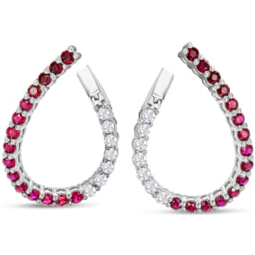 2 1/2 Carat Front-Back Ruby and Diamond Hoop Earrings In 14 Karat White Gold, 1 Inch