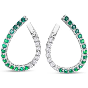 2 1/2 Carat Front-Back Emerald and Diamond Hoop Earrings In 14 Karat White Gold, 1 Inch