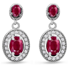 2 Carat Ruby and Diamond Drop Earrings In 14 Karat White Gold, 3/4 Inch