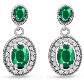 2 Carat Emerald and Diamond Drop Earrings In 14 Karat White Gold, 3/4 Inch