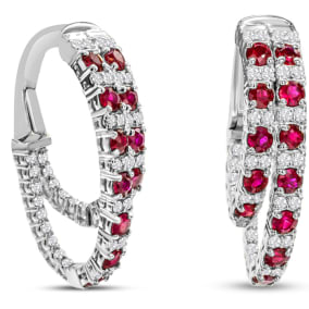 2 1/2 Carat Ruby and Diamond Hoop Earrings In 14 Karat White Gold, 1 Inch