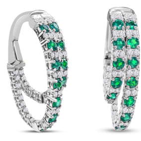 2 1/2 Carat Emerald and Diamond Hoop Earrings In 14 Karat White Gold, 1 Inch