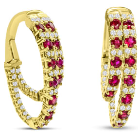 2 1/2 Carat Ruby and Diamond Hoop Earrings In 14 Karat Yellow Gold, 1 Inch