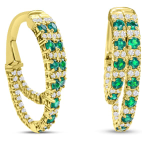 2 1/2 Carat Emerald and Diamond Hoop Earrings In 14 Karat Yellow Gold, 1 Inch