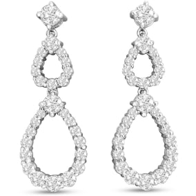 2 Carat Natural Diamond Drop Earrings In 14 Karat White Gold, 1 1/4 Inches
