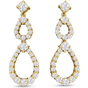 2 Carat Natural Diamond Drop Earrings In 14 Karat Yellow Gold, 1 1/4 Inches