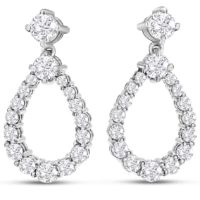 2 Carat Natural Diamond Drop Earrings In 14 Karat White Gold, 3/4 Inch