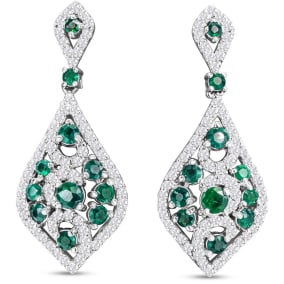 2 Carat Emerald and Diamond Drop Earrings In 14 Karat White Gold, 1 1/4 Inch