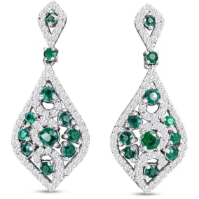 2 Carat Emerald and Diamond Drop Earrings In 14 Karat White Gold, 1 1/4 Inches