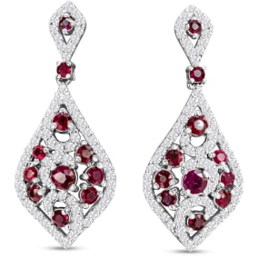 2 Carat Ruby and Diamond Drop Earrings In 14 Karat White Gold, 1 1/4 Inch
