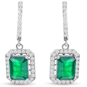 4 1/2 Carat Emerald and Diamond Drop Earrings In 14 Karat White Gold, 1 Inch