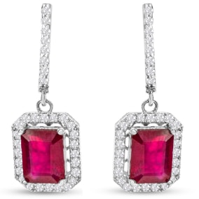 4 1/2 Carat Ruby and Diamond Drop Earrings In 14 Karat White Gold, 1 1/4 Inch