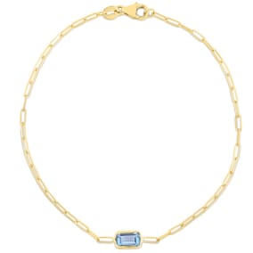 6x4mm Baguette Blue Topaz Paperclip Chain Bracelet In 14K Yellow Gold