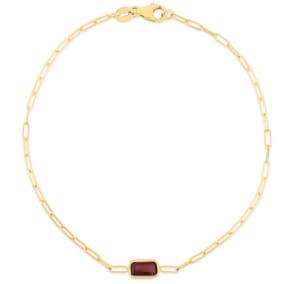 6x4mm Baguette Garnet Paperclip Chain Bracelet In 14K Yellow Gold