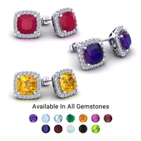 2 1/4 Carat Cushion Cut Gemstone and Halo Diamond Earrings In Sterling Silver