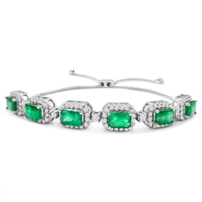 4 Carat Emerald and Diamond Bolo Bracelet In 14 Karat White Gold, Adjustable 6-9 Inches