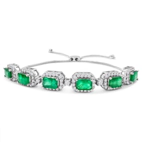 4 Carat Emerald Bracelet With Diamonds In 14 Karat White Gold, Adjustable 6-9 Inches