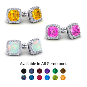 2 1/4 Carat Cushion Cut Gemstone and Halo Diamond Earrings In Sterling Silver