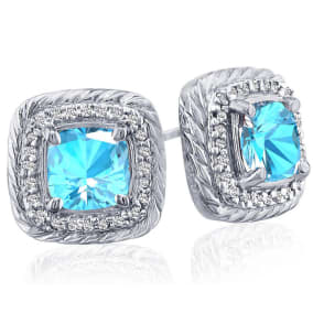2 3/4 Carat Cushion Cut Blue Topaz and Diamond Earrings In Sterling Silver