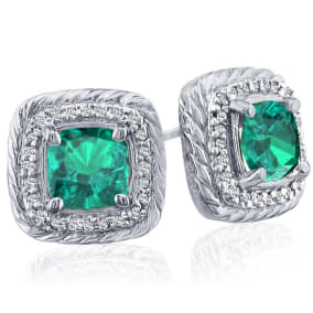 2 3/4 Carat Cushion Cut Emerald and Diamond Earrings In Sterling Silver