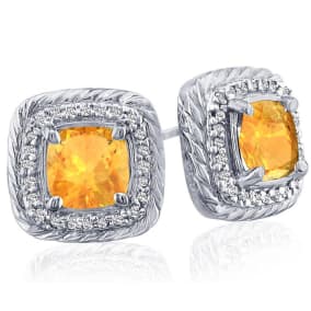 2 3/4 Carat Cushion Cut Citrine and Diamond Earrings In Sterling Silver