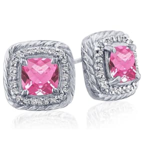 2 3/4 Carat Cushion Cut Pink Sapphire and Diamond Earrings In Sterling Silver