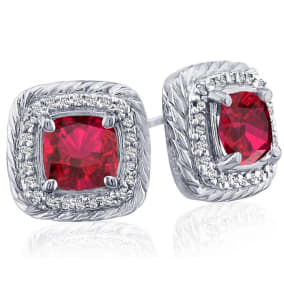 2 3/4 Carat Cushion Cut Ruby and Diamond Earrings In Sterling Silver
