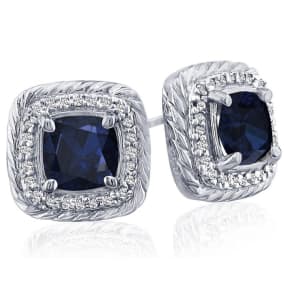 2 3/4 Carat Cushion Cut Sapphire and Diamond Earrings In Sterling Silver