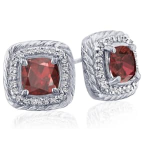 2 3/4 Carat Cushion Cut Garnet and Diamond Earrings In Sterling Silver