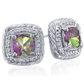 2 3/4 Carat Cushion Cut Mystic Topaz and Diamond Earrings In Sterling Silver