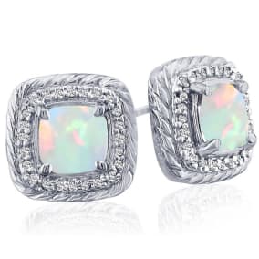 2 3/4 Carat Cushion Cut Opal and Diamond Earrings In Sterling Silver