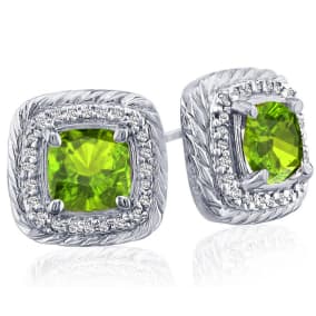 2 3/4 Carat Cushion Cut Peridot and Diamond Earrings In Sterling Silver