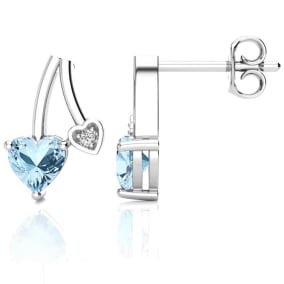 3/4 Carat Aquamarine and Diamond Heart Earrings In Sterling Silver