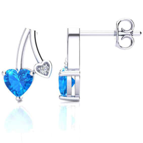 3/4 Carat Blue Topaz and Diamond Heart Earrings In Sterling Silver