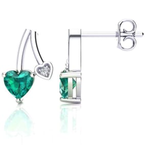 3/4 Carat Emerald and Diamond Heart Earrings In Sterling Silver