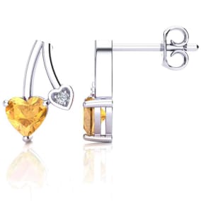3/4 Carat Citrine and Diamond Heart Earrings In Sterling Silver