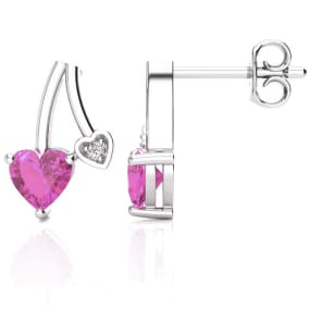3/4 Carat Pink Sapphire and Diamond Heart Earrings In Sterling Silver