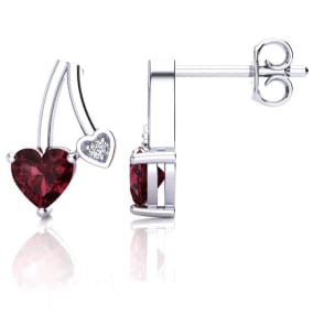 3/4 Carat Garnet and Diamond Heart Earrings In Sterling Silver
