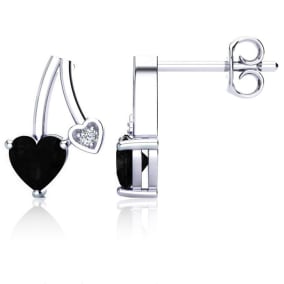 3/4 Carat Black Onyx and Diamond Heart Earrings In Sterling Silver